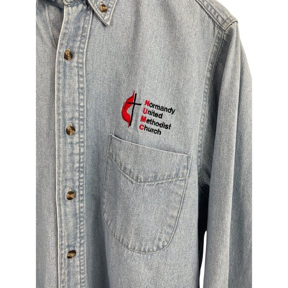 Jerzees Vintage Blue Denim Button Up Shirt Mens Size M Normandy Church - Picture 3 of 6